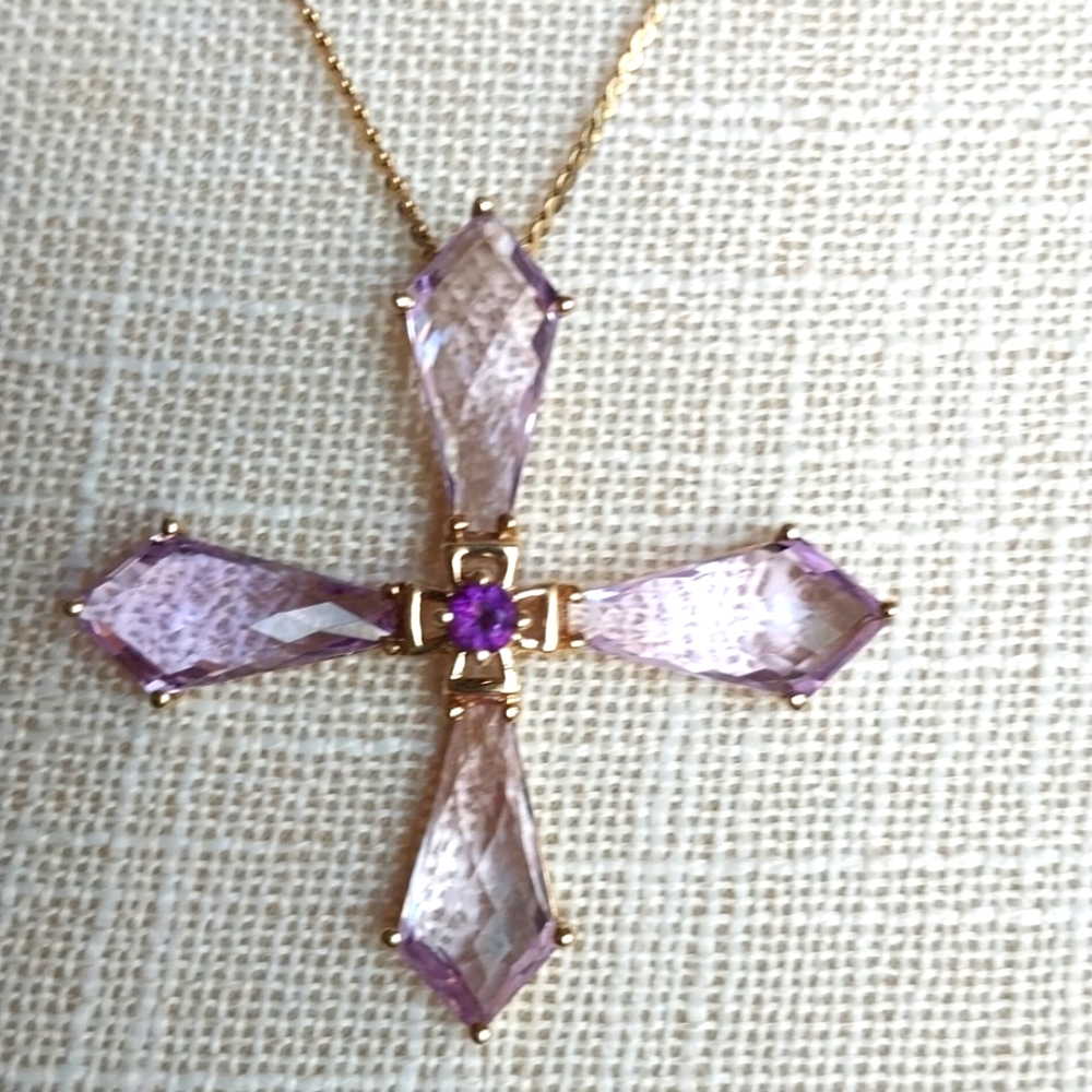 14k Gold Amethyst Cross Necklace Pendant Authentic